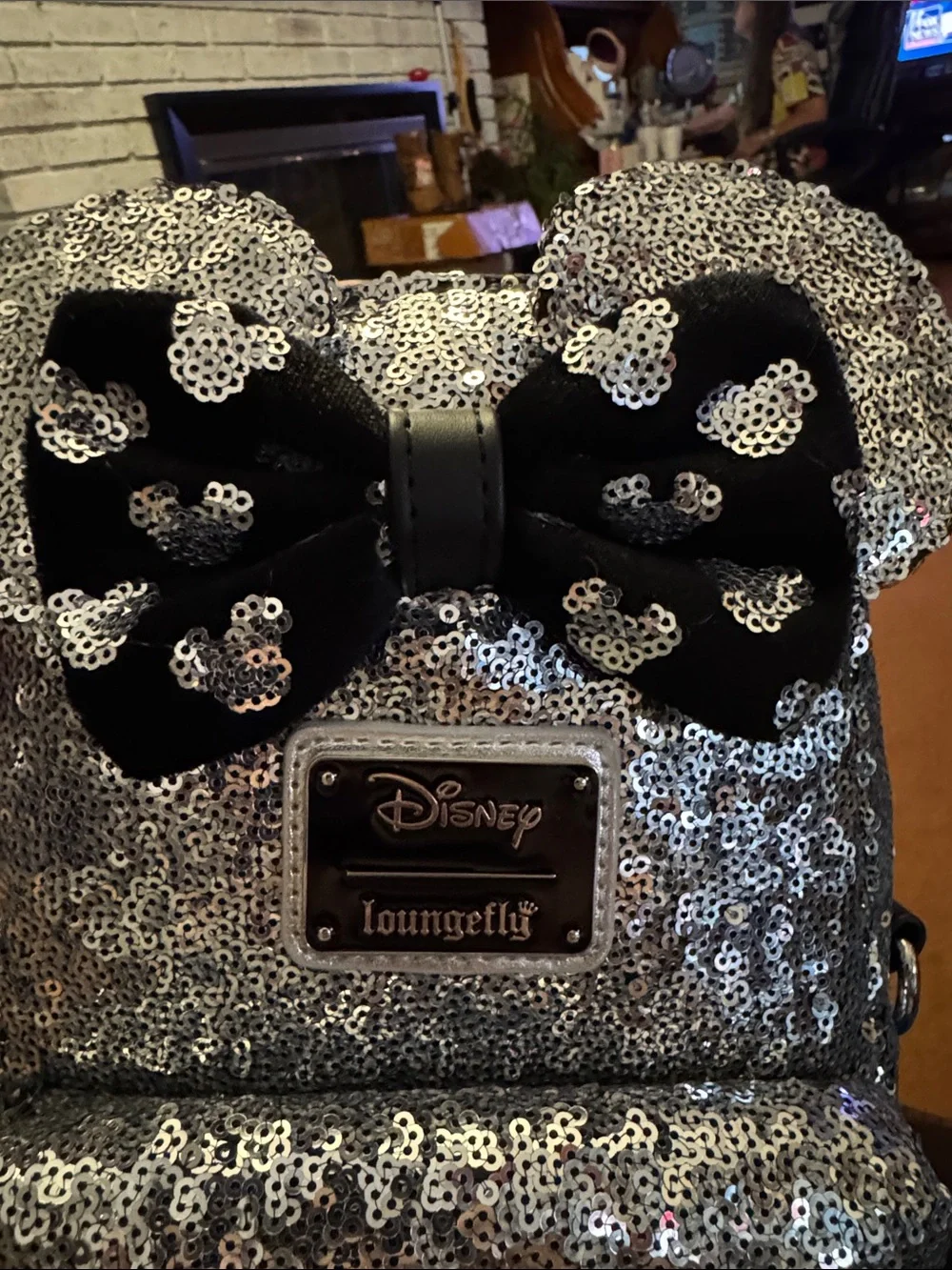 Loungefly Silver Sequin Minnie Ear Kids Mini Backpack with Black Bow